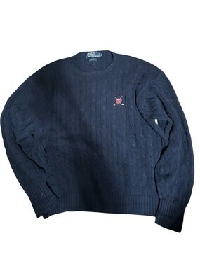 Ralph Lauren Navy Cable Knit Crewneck Sweater with Crest